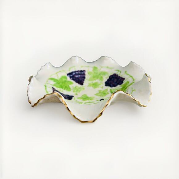 Majolica Ceramic Hand Painted Candy Dish Bowl Grape Design Gold Trim Signed JLM - Picture 1 of 16